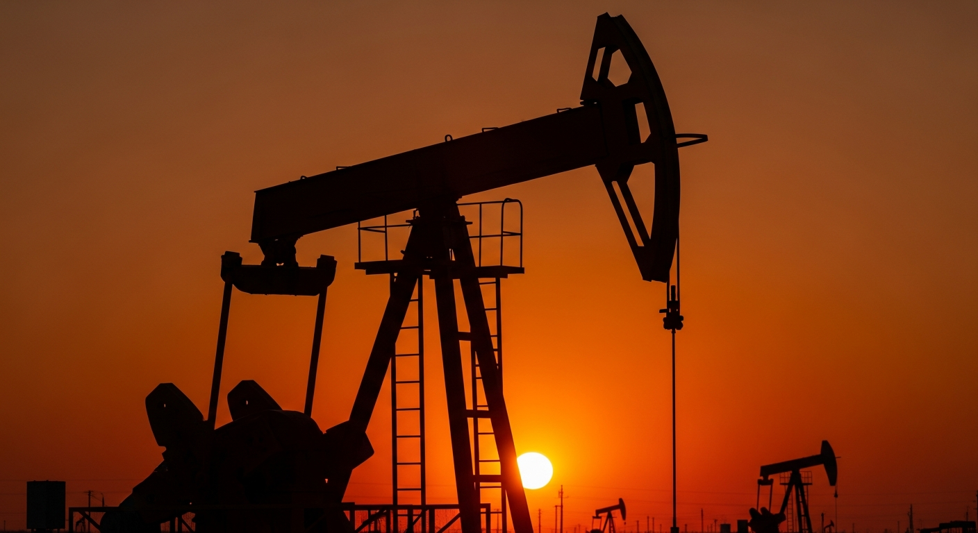 Oil pump jack against a sunset sky
